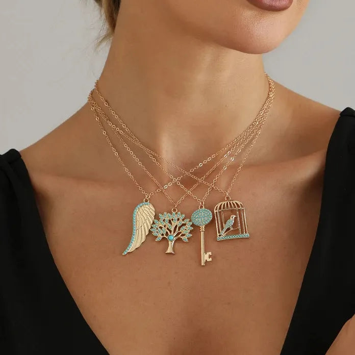 Adjustable Green Stone Pendant Necklace Zinc Alloy Birdcage Wing Key Gift