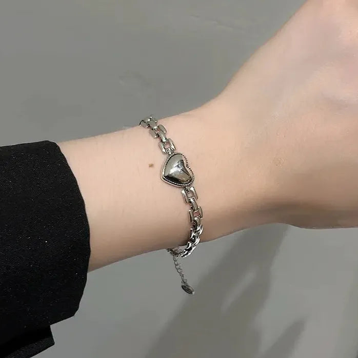 Stainless Steel Heart Charm Bracelet Thick Chain Punk Hip Hop Jewelry Women