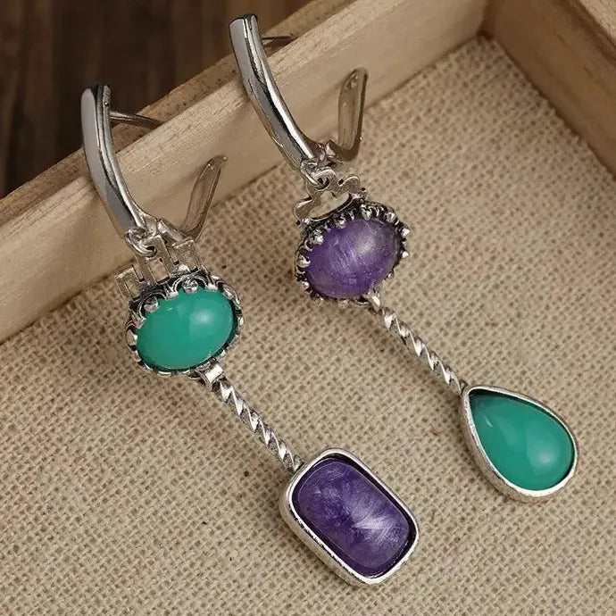 Retro Asymmetric Waterdrop Deep Blue Flower Zinc Alloy Drop Earrings