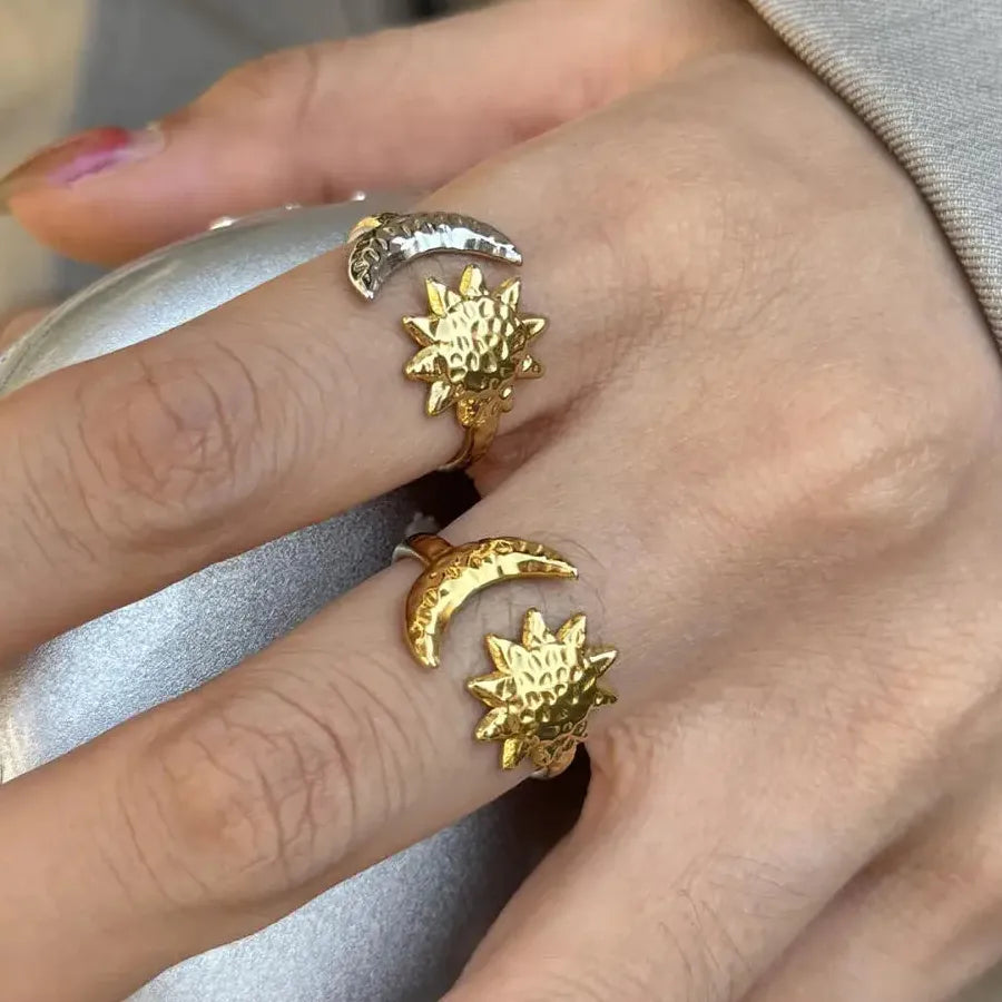 Minimalist Asymmetric Moon Star Open Ring for Women Gold Stainless Steel Jewelry
