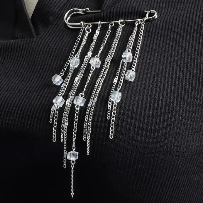 Geometric Square Crystal Tassel Brooch Zinc Alloy Pin for Women Men