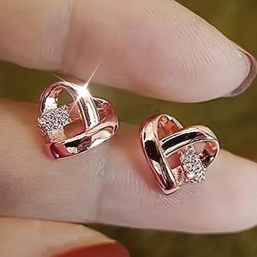 Eternity Love Heart Stud Earrings for Women Cubic Zirconia Copper Alloy Wedding Jewelry Silver Gold Color