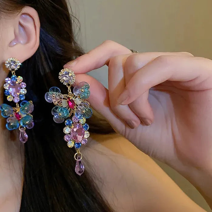 Silver Needle Asymmetrical Diamond Crystal Flower Earrings 2026 Bohemian Gift