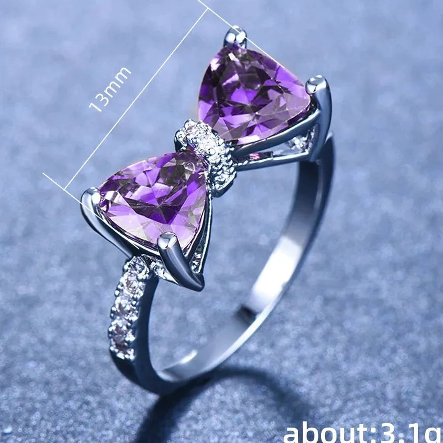 Purple CZ Bow Ring for Women Zinc Alloy Wedding Party Fashion Jewelry Gift