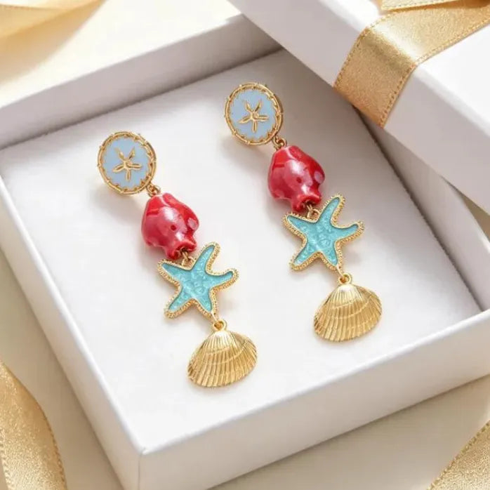 Boho Ceramic Sea Star Shell Fish Drop Earrings for Women Beach Jewelry Vacation