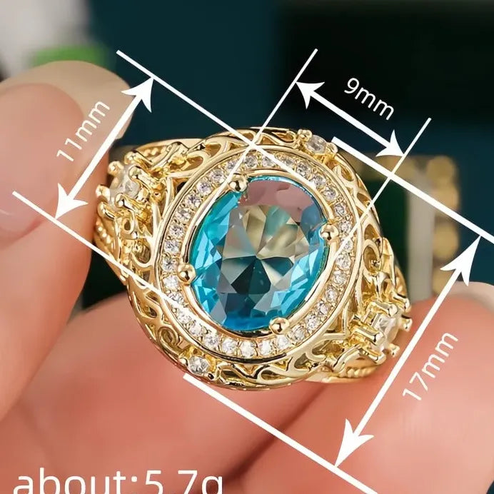 Gold Cocktail Ring with Blue Cubic Zirconia Inlay for Women’s Parties