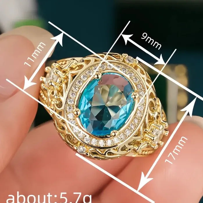 Women’s Gold Color Wedding Band with Oval Blue Cubic Zirconia Ring