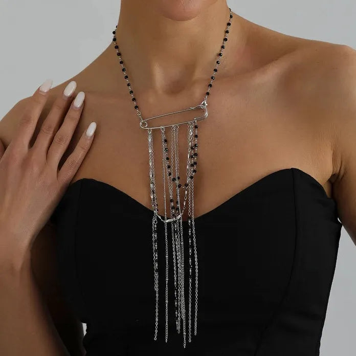 Multi-Layer Tassel Zinc Alloy Brooch Necklace with Crystal Chain Gift for Women
