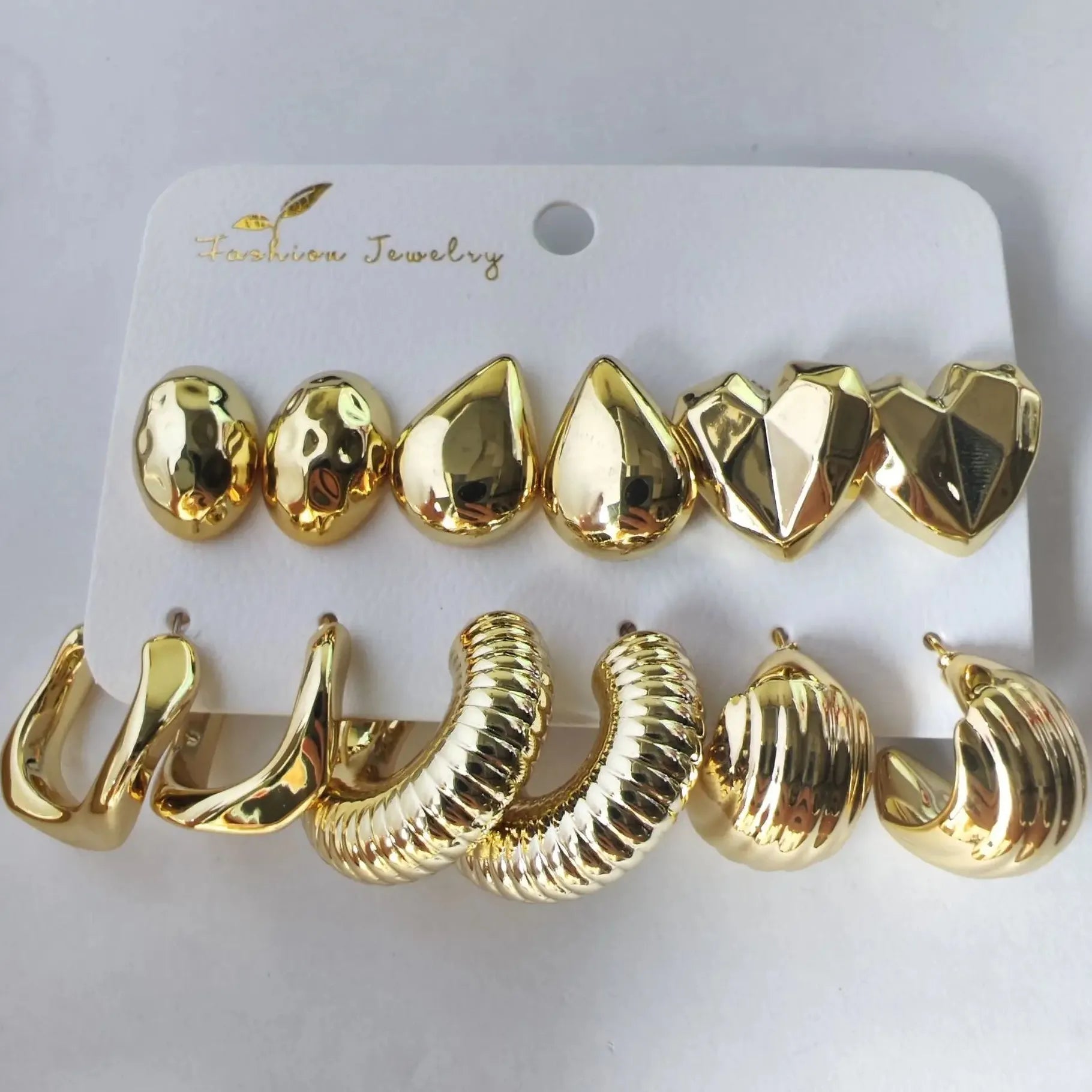 12Pcs Vintage Gold Geometric Water Drop C-Earrings Tungsten Zinc Alloy