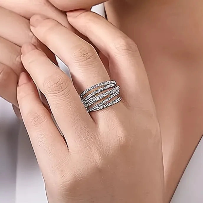 Fashion Multi-Layered Brass Cross Finger Ring with Cubic Zirconia for Women Party Jewelry