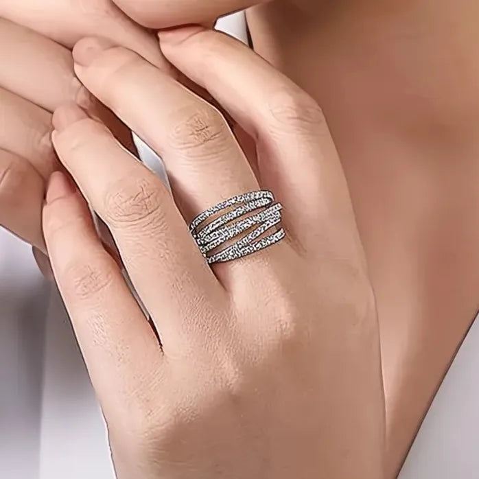 Luxury Women’s Multi-layered Cross Ring with Shiny CZ Silver & Gold