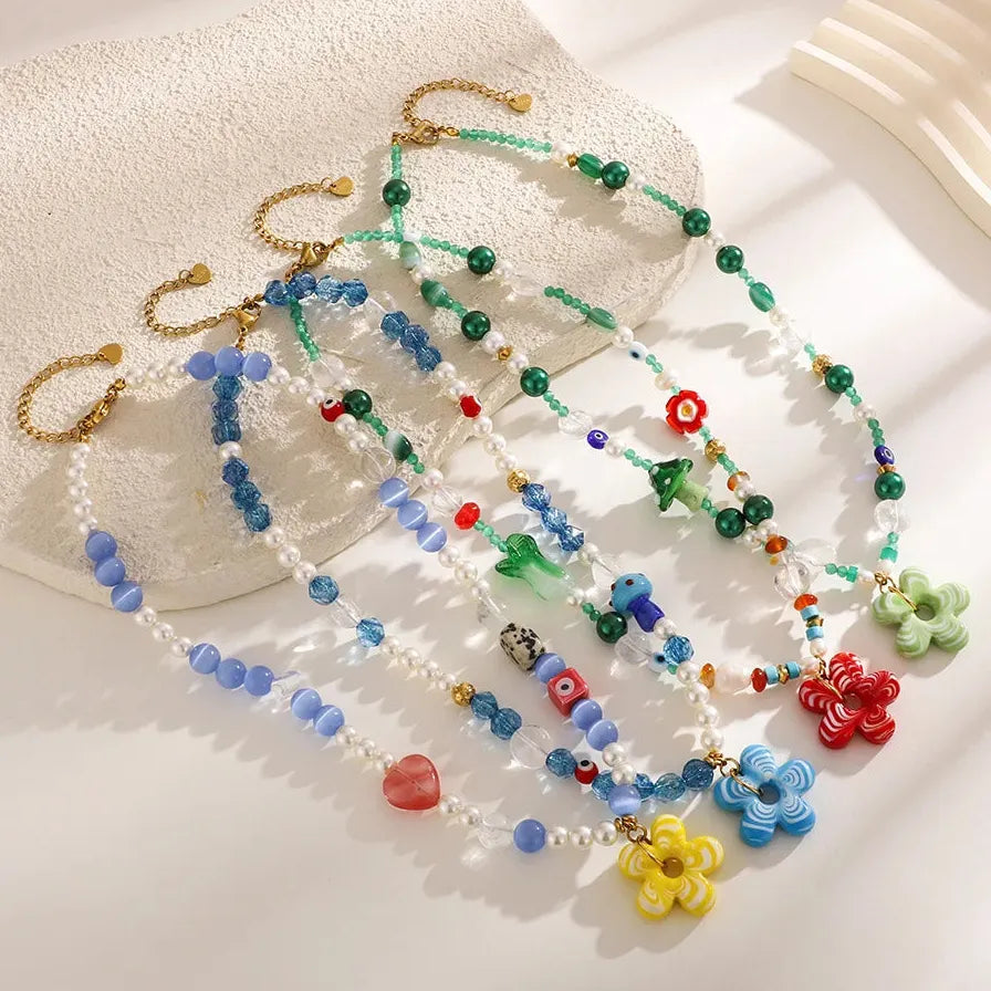 Handmade Summer Multicolor Flower Pearl Beaded Choker Necklace Elegant