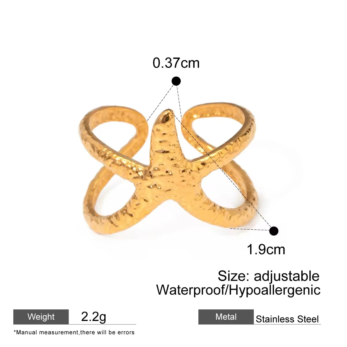 18K Gold Plated Geometric Wedding Band Stainless Steel Adjustable Ring Charm Jewelry