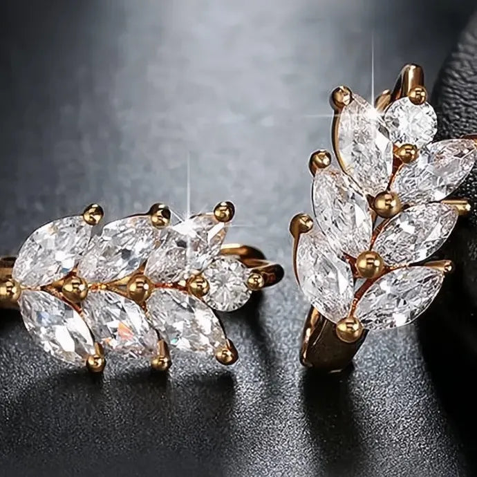 Leaf Shape Hoop Earrings with Marquise White Cubic Zirconia, Brass Alloy