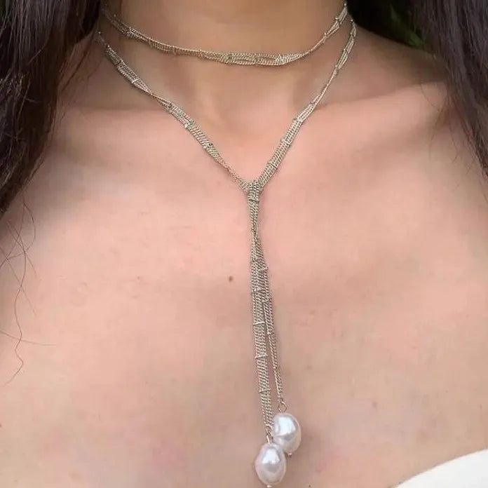 Light Luxury Silver Pearl Necklace Women Water Drop Pendant Extra-Long Chain Gift
