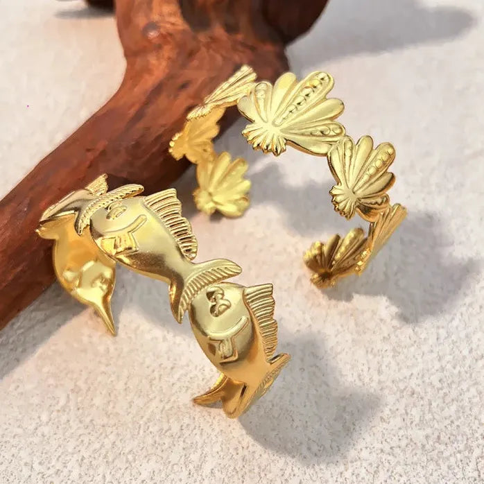 Vintage Ocean Lava Textured Starfish Coral Gold Plated Stainless Steel Cuff Bracelet