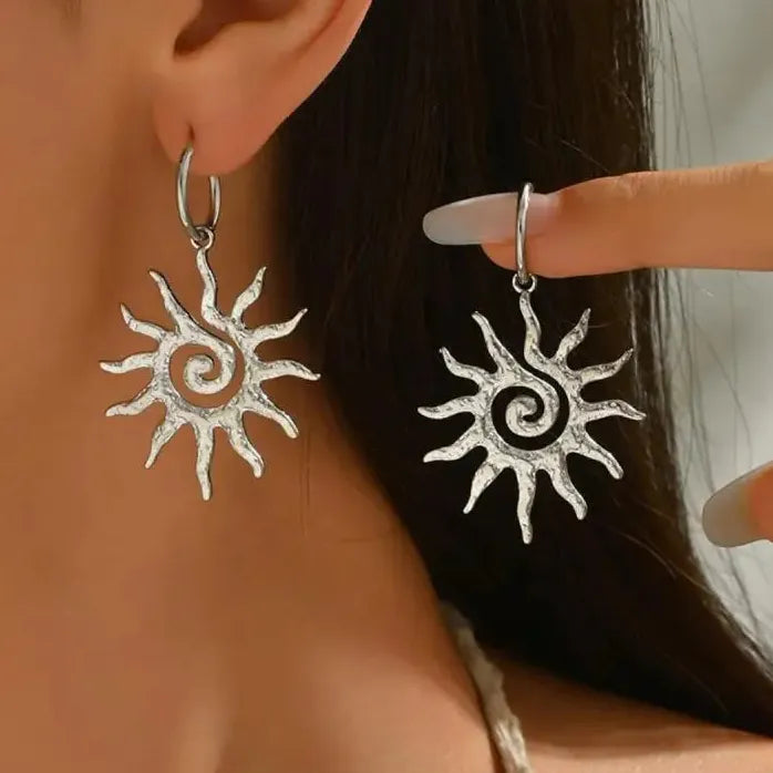 Vintage Stainless Steel Spiral Sunflower Drop Earrings for Women Gold Silver