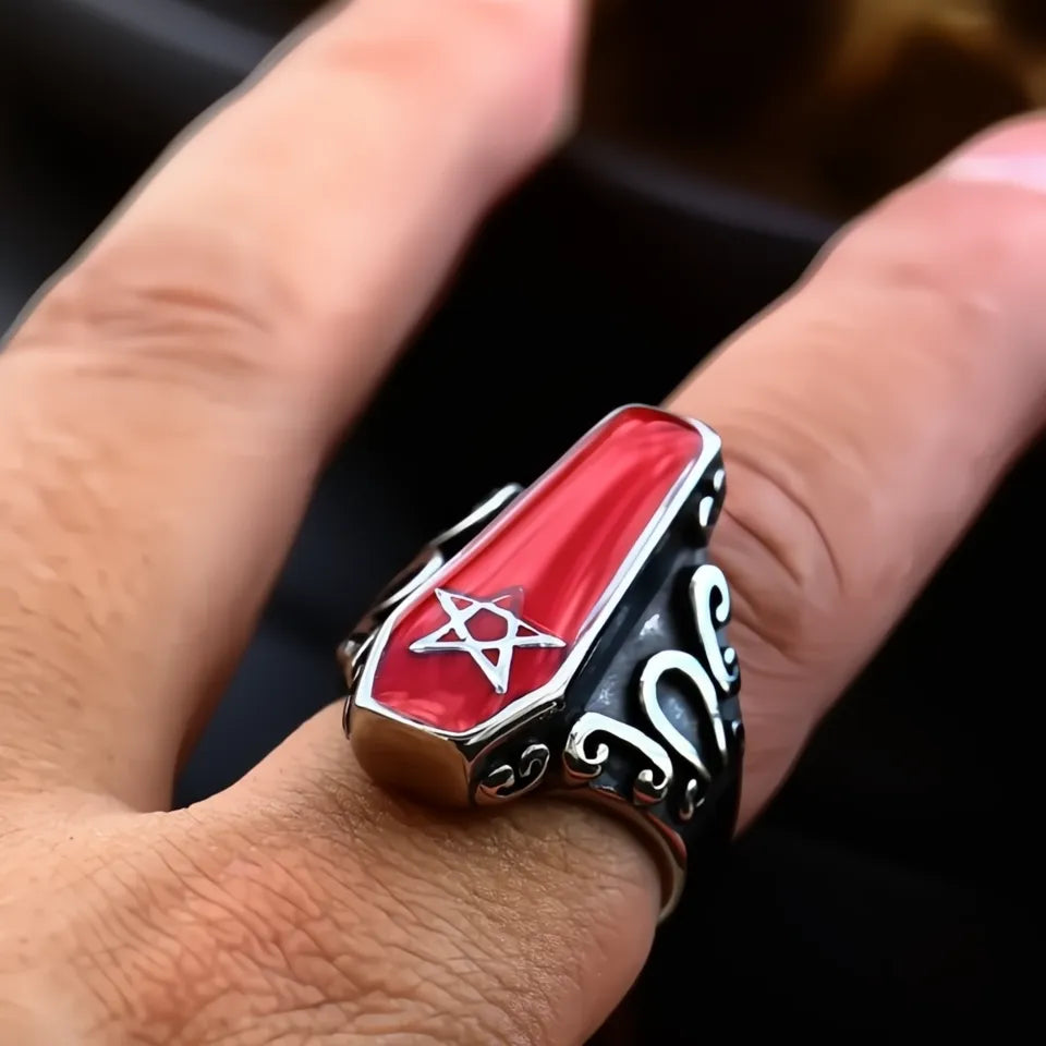 Gothic Vintage Stainless Steel Vampire Coffin Ring with Pentagram Star Unisex Jewelry