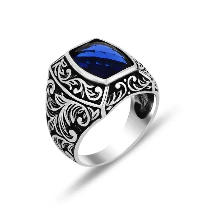Vintage Punk Geometric Blue Zinc Alloy Men's Ring Luxury Anniversary Wedding Jewelry