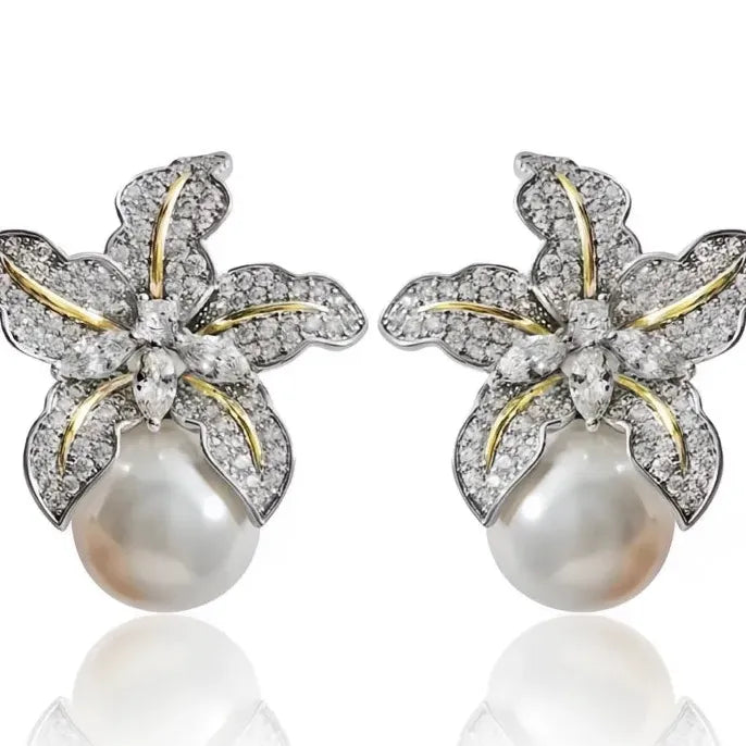Luxury Flower Pearl Stud Earrings with Copper Alloy & CZ Stone
