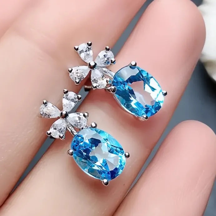 Sky Blue Cubic Zirconia Geometric Flower Stud Earrings for Women