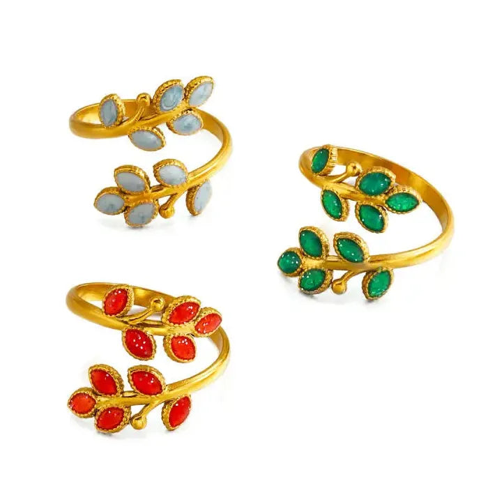 Gold Stainless Steel Leaf Cocktail Rings for Women Vintage Red Blue Green Jewelry