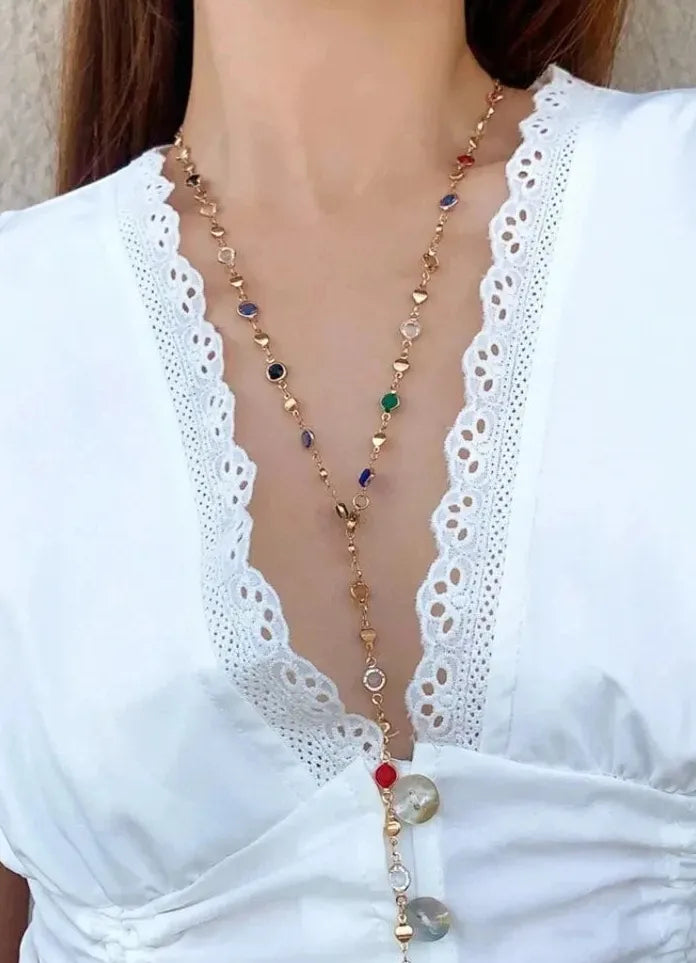 Colorful Crystal Y-Shaped Zinc Alloy Necklace Gold Silver Collarbone Chain