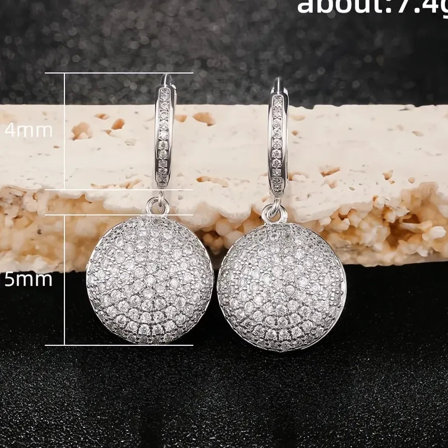 Silver CZ Round Geometric Pendant Dangle Earrings Luxury Bride Jewelry Copper Alloy