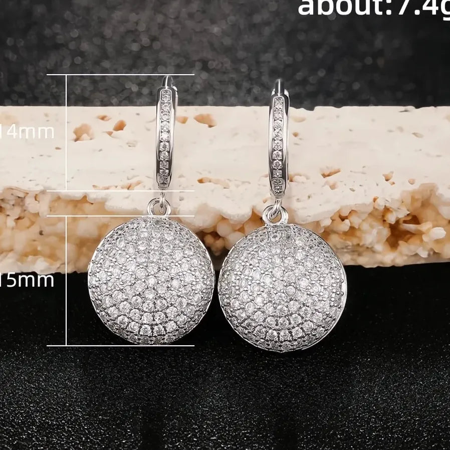 Full Paved CZ Round Dangle Pendant Earrings Silver Wedding Jewelry