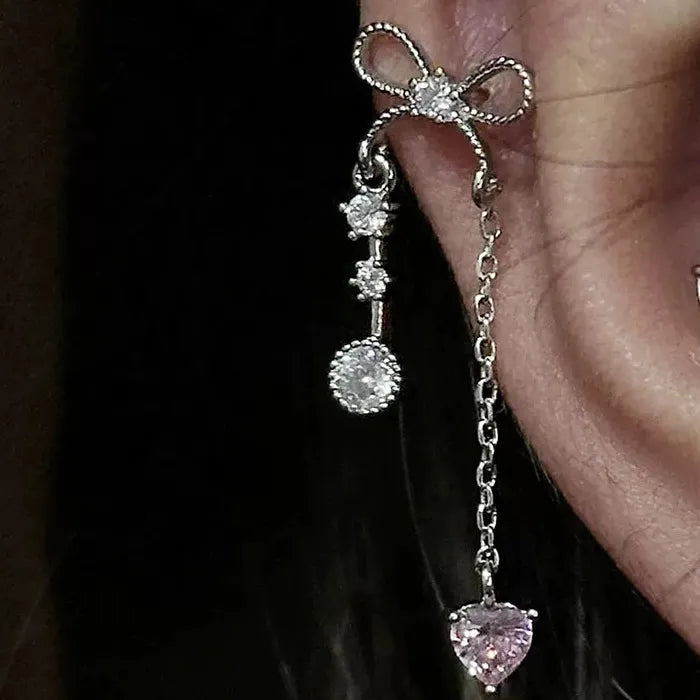 Rhinestone Sweet Bowknot Heart Long Clip Earrings for Women Girls