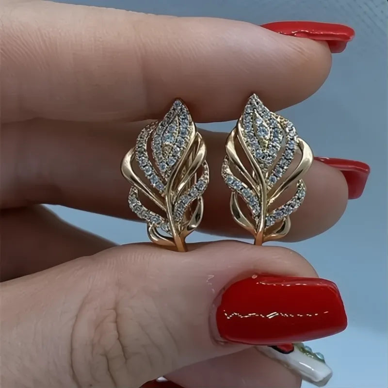 Leaf Shaped Hoop Earrings for Women Gold Color Cubic Zirconia Bridal Wedding Jewelry Elegant Temperament