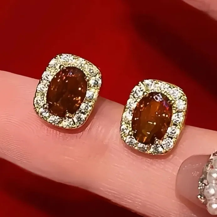 Gold Tone Red Zirconia Geometric Stud Earrings for Women Wedding Jewelry