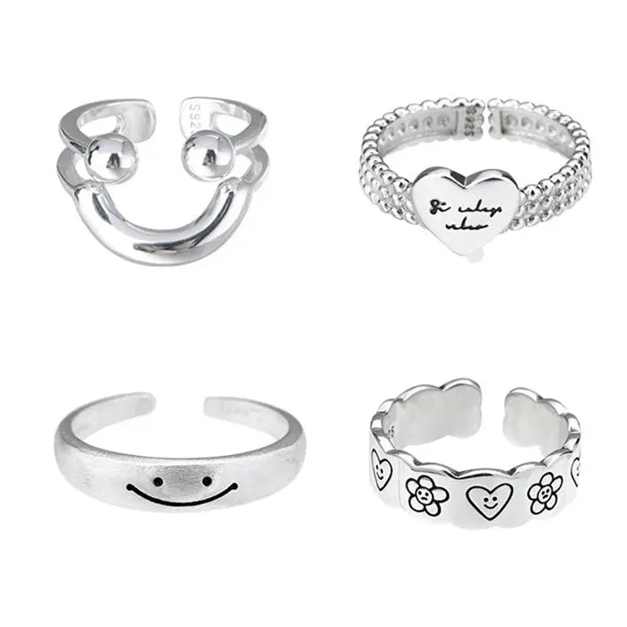 Adjustable Silver Smile Shape Ring for Women Vintage Jewelry Gift Fashion