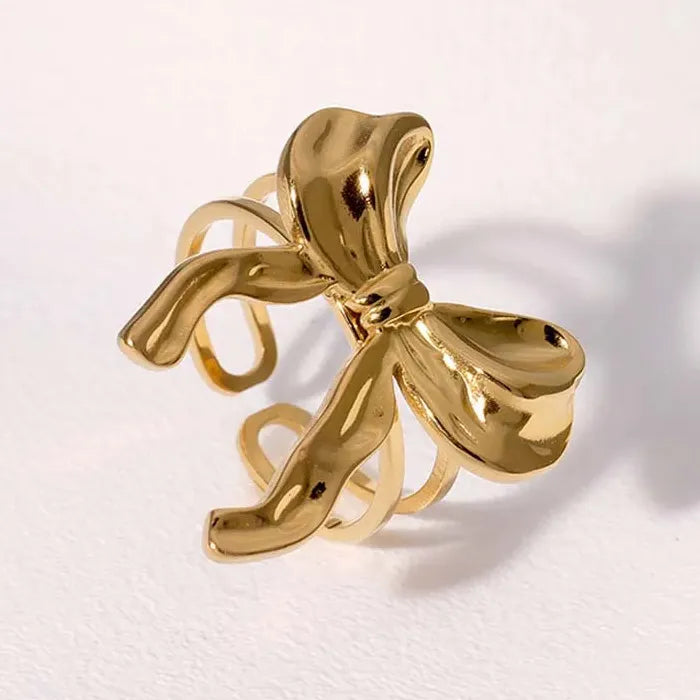 Adjustable Gold Color Stainless Steel Bowknot Ribbon Ring for Women Jewelry Gift