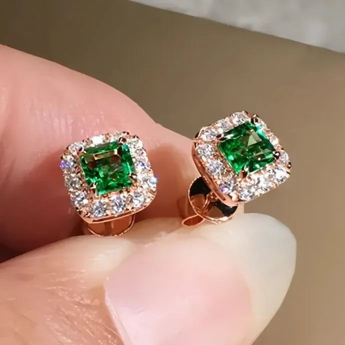 Green CZ Square Stud Earrings Gold Color Brass Luxury Wedding Jewelry