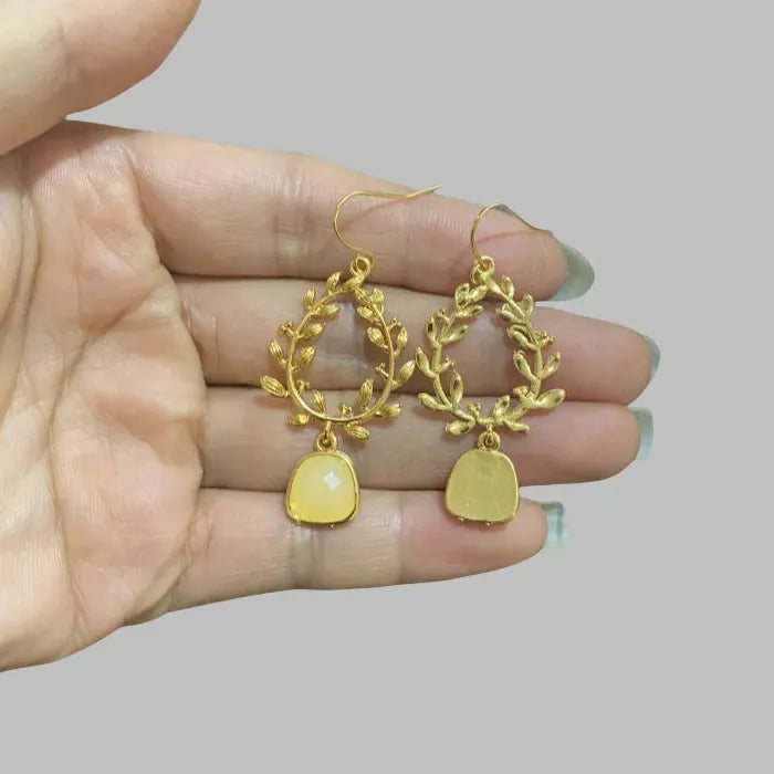 Handmade Bridal Earrings Gold Plant Branch Leaf Design Zinc Alloy Gemstone Pendant