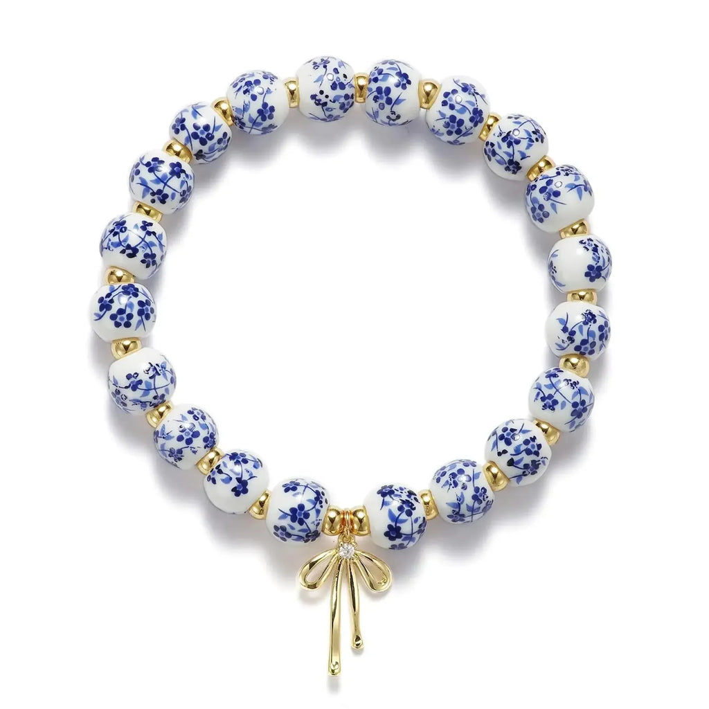Blue White Porcelain Bead Bracelet Bowknot Charm Elastic Cord Copper Gift Jewelry