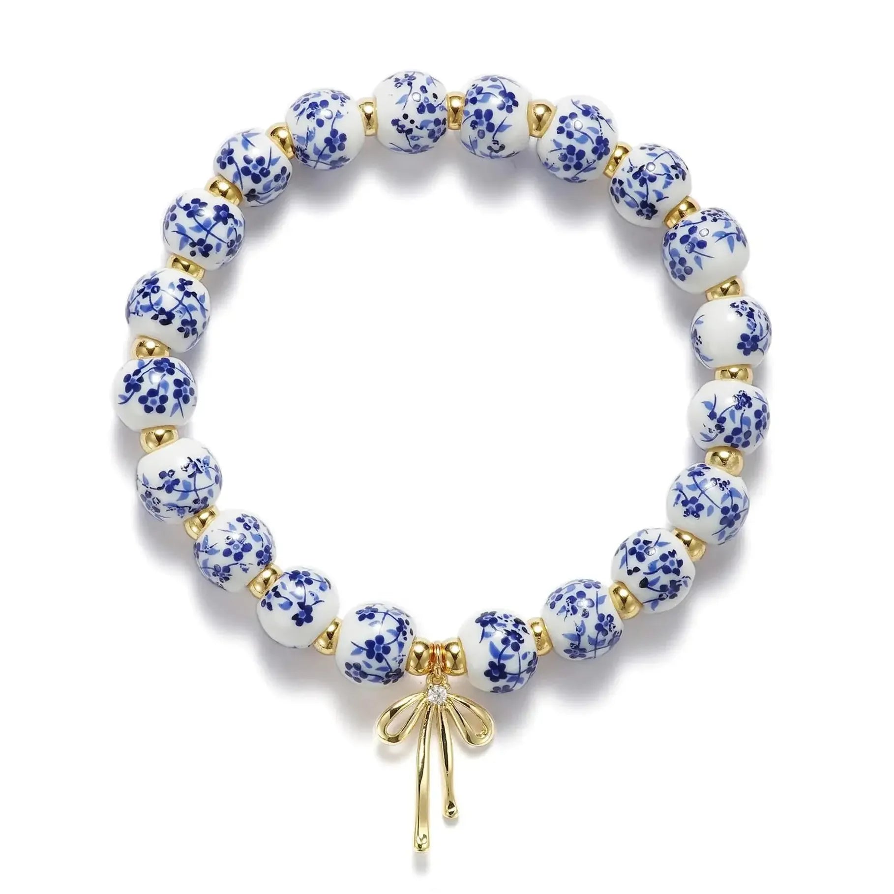 Blue White Porcelain Bead Bracelet Bowknot Charm Elastic Cord Copper Gift Jewelry