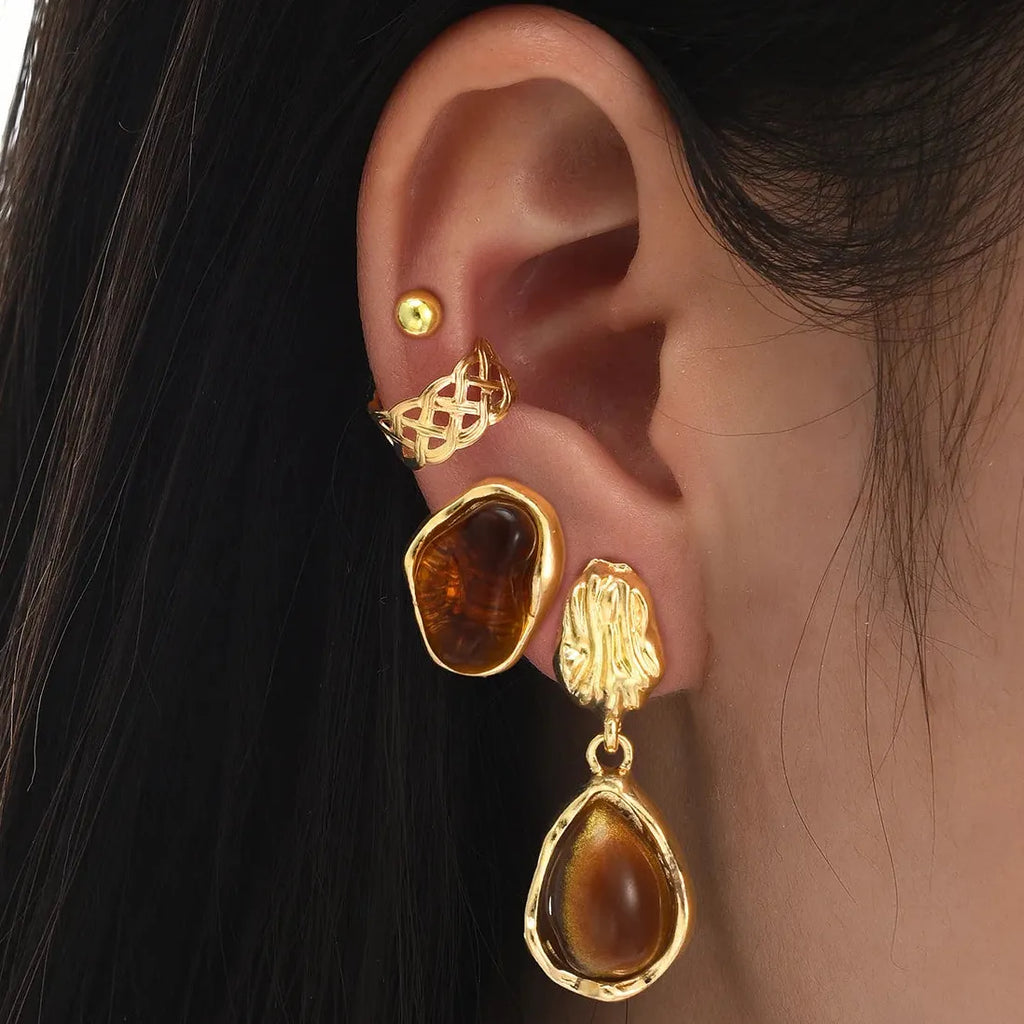 4Pc Vintage Brown Tiger Eye Stone C-Shaped Metal Ear Clip Earrings Set