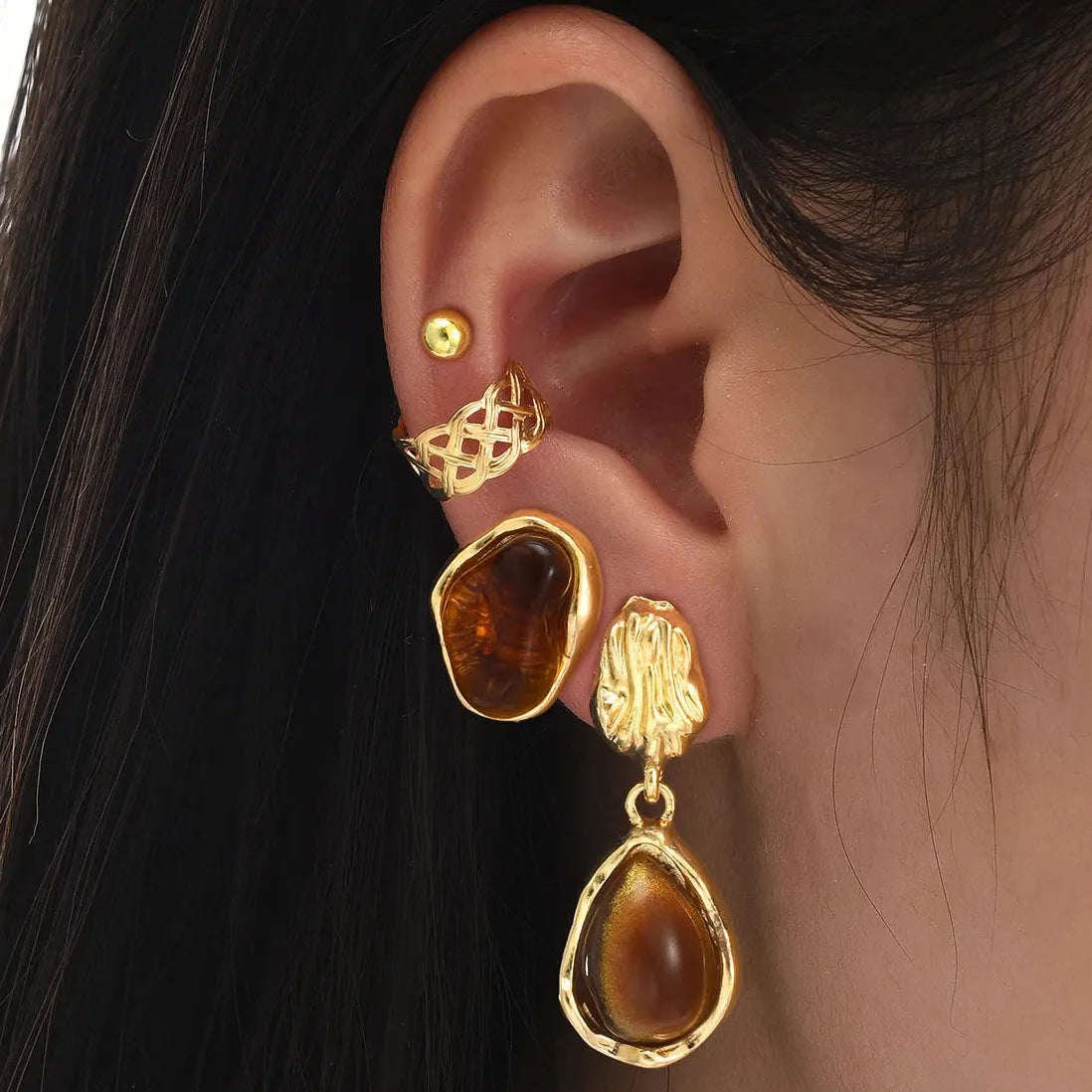 4Pc Vintage Brown Tiger Eye Stone C-Shaped Metal Ear Clip Earrings Set