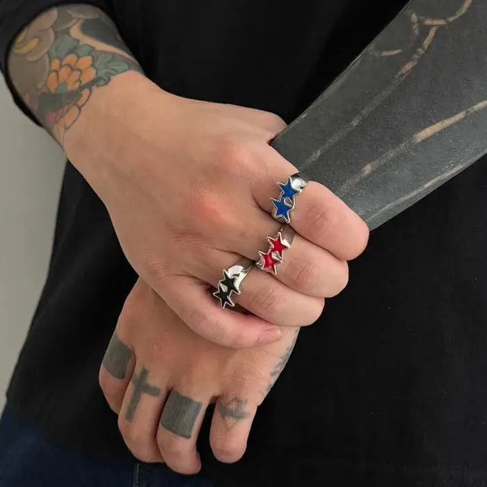 Adjustable Vintage Black Drip Pentagram Star Ring for Men Women Fashion Jewelry