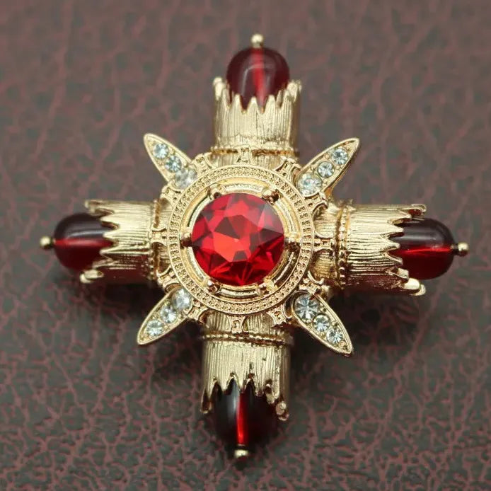 Retro Vintage Red Emerald Cross Brooch Pin Jewelry for Women