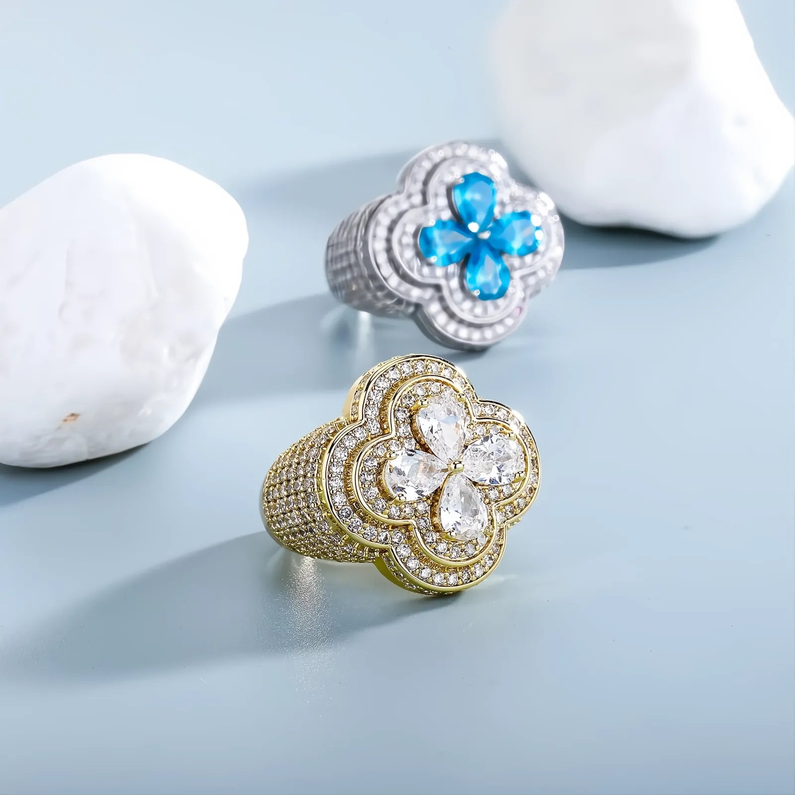 Iced Out Colorful Four Leaf Flower Ring Micro Pave CZ Bling Men Women Jewelry