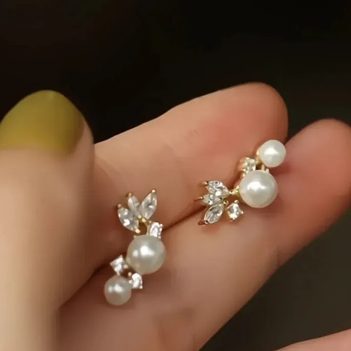 Women's Silver & Gold Geometric Stud Earrings with Simulated Pearls