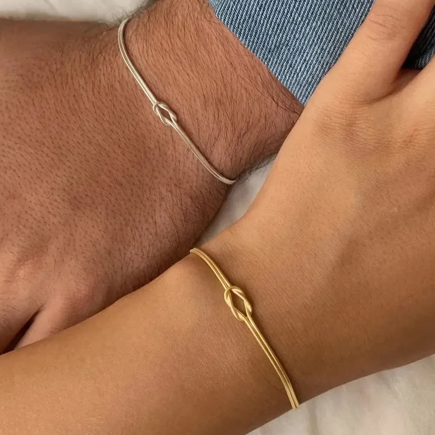 Gold & Silver Thin Snake Chain Couple Bracelet Stainless Steel Knot Unisex Bangle