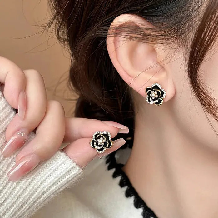 Dripping Zircon Pearl Flower Stud Earrings for Women Rhinestone Jewelry Gift