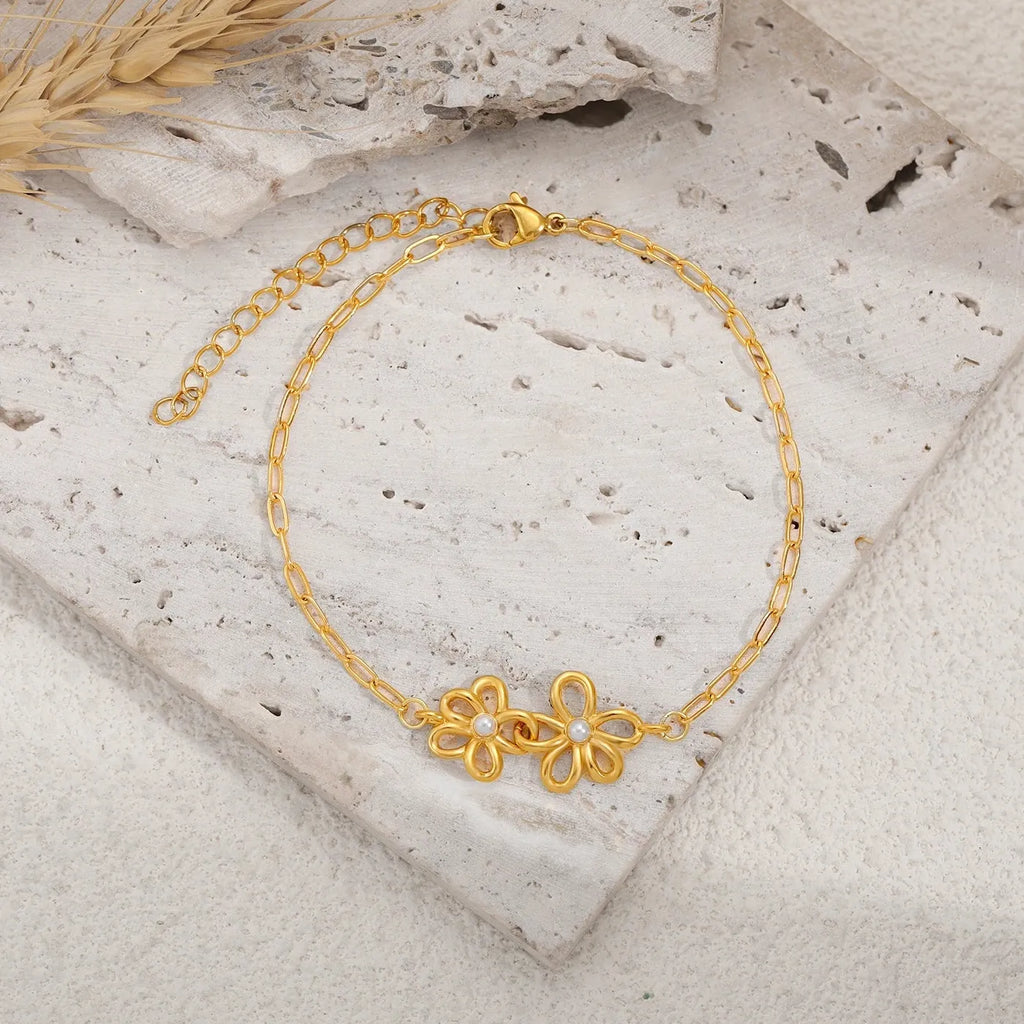 18K Gold Plated Double Flower Stainless Steel Adjustable Bracelet for Women Girls