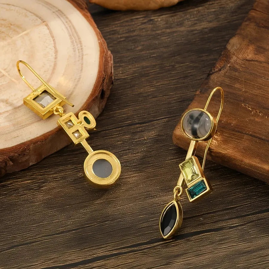 Gold Geometric Drop Earrings with Natural Stone Inlay Bridal Wedding Jewelry Gifts