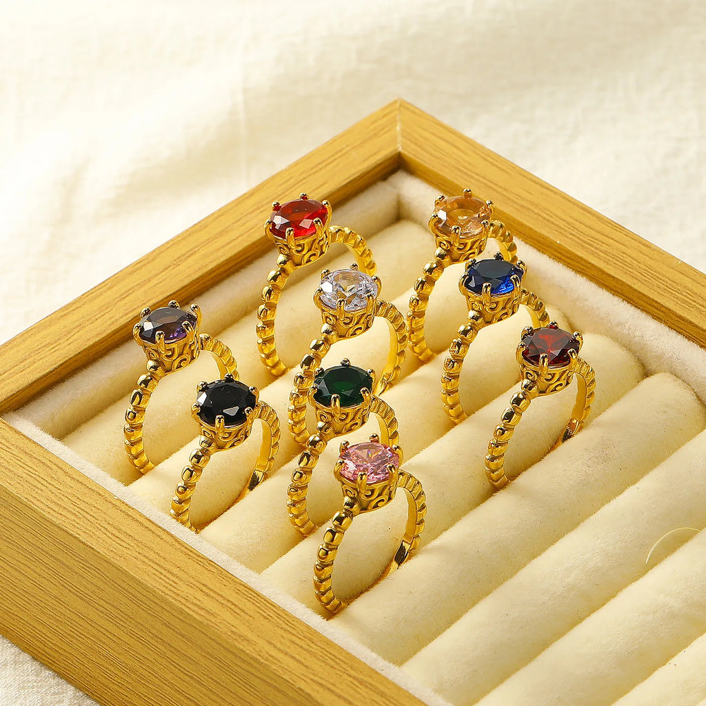 18K Gold Plated Stainless Steel Zircon Wedding Ring Twisted Circle Six Claws