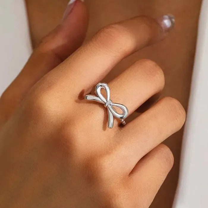 Adjustable Stainless Steel Gold Bowknot Ring for Women Fashion Jewelry Gift